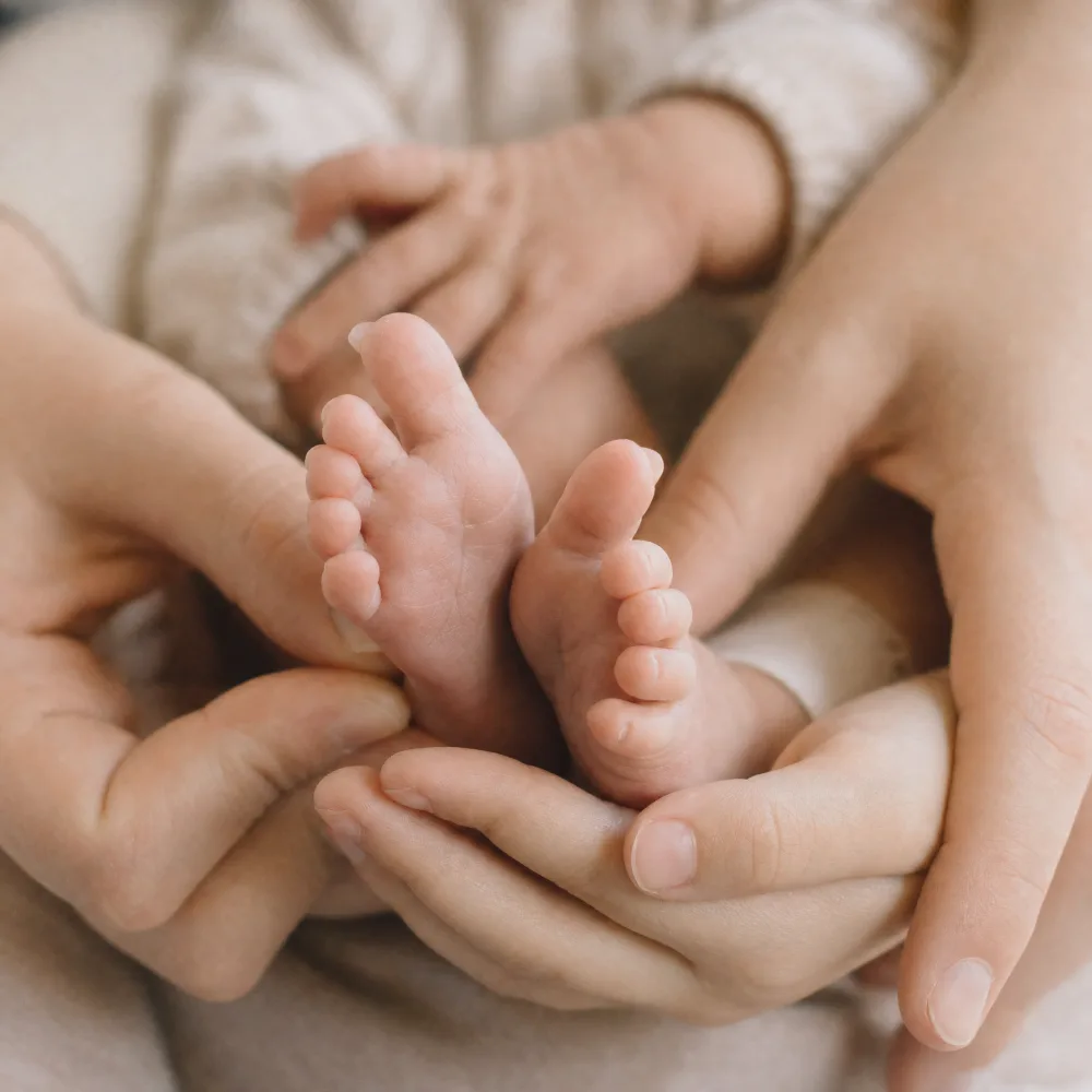 Macro detail of a newborn's tiny hands and feet in soft natural window light