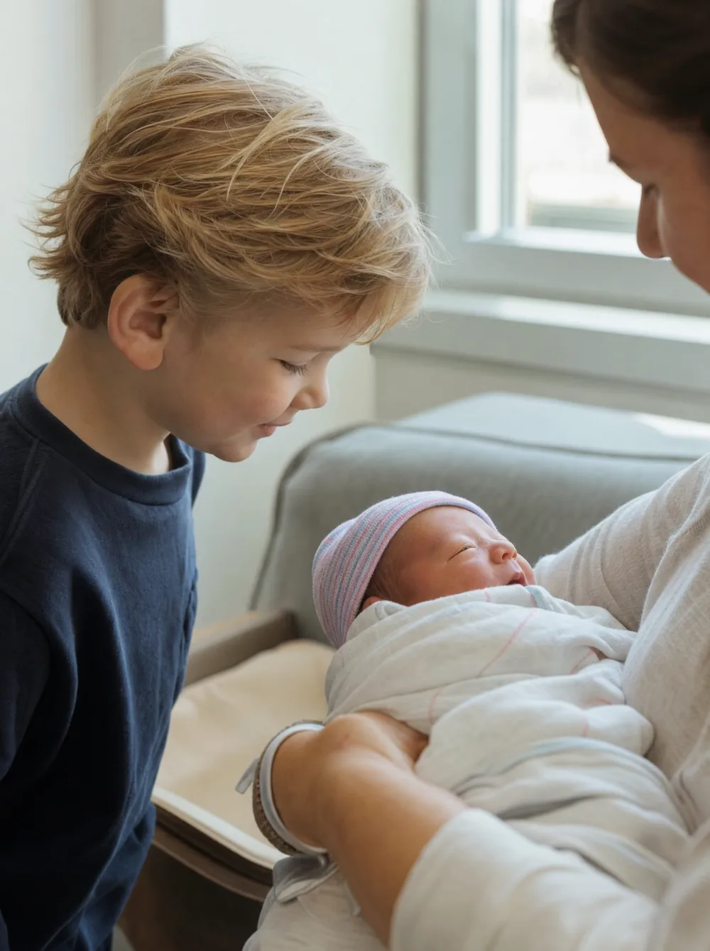 Candid moment of an older sibling meeting their new baby brother or sister for the first time