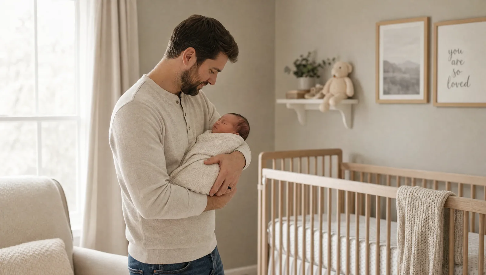 A parent gently holding their newborn baby in soft natural window light, a candid unposed moment